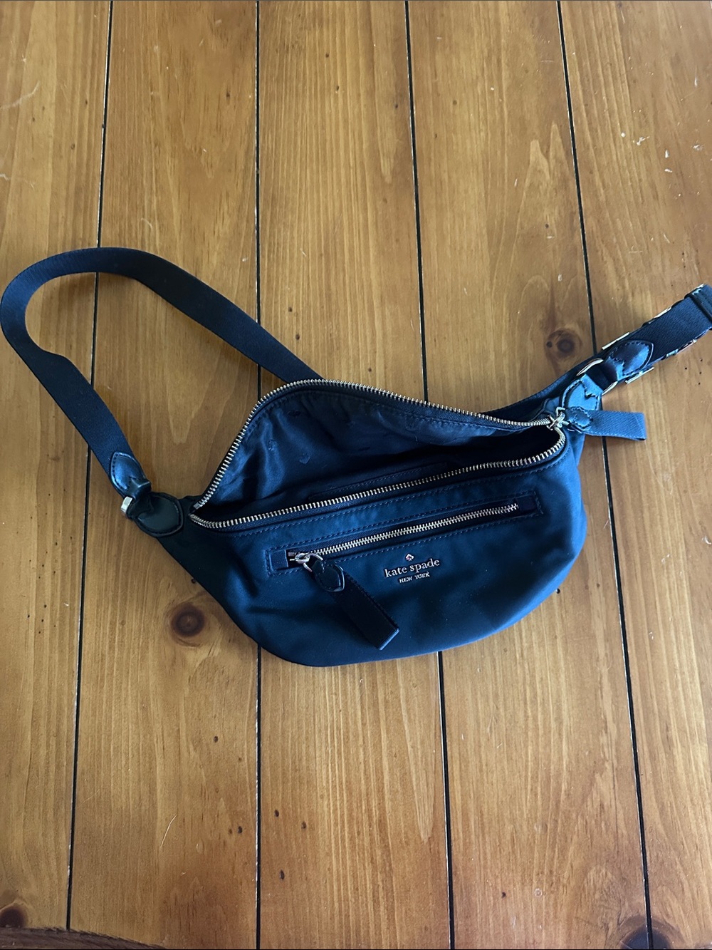 kate spade black nylon belt bag with gold-tone zippers